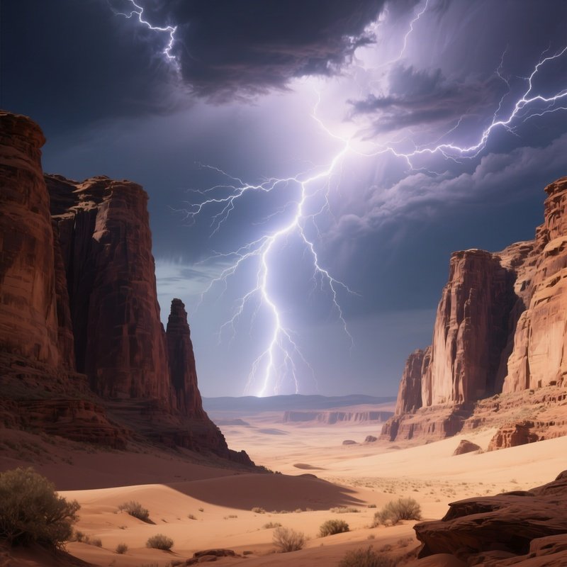 A Desert Lightning Storm Illuminating Towering Sandstone Cliffs.