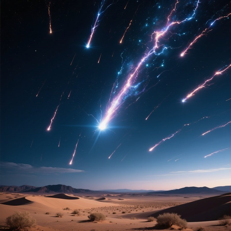 A Desert Night Sky Filled With Bright Meteor Streaks.