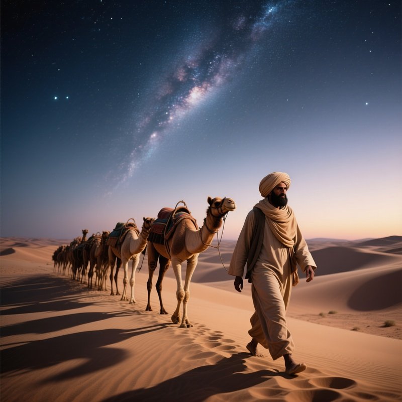 A Desert Nomad Wearing A Sand‑Colored Turban Walks Beside A Caravan Of Camels At Twilight, Dunes
