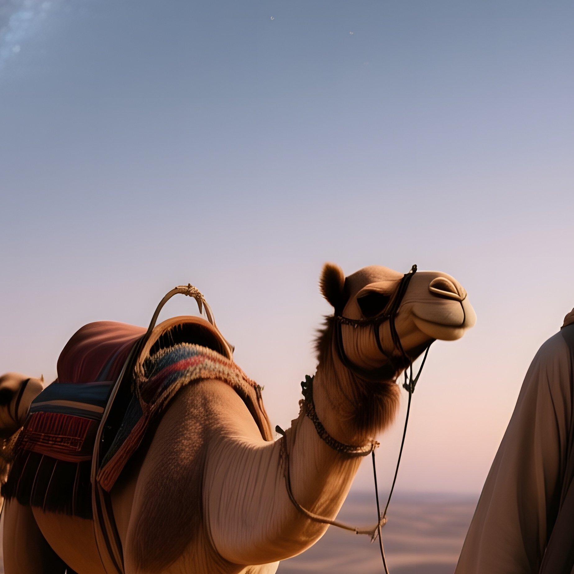 A Desert Nomad Wearing A Sand‑Colored Turban Walks Beside A Caravan Of Camels At Twilight, Dunes - Full Resolution Quality Preview