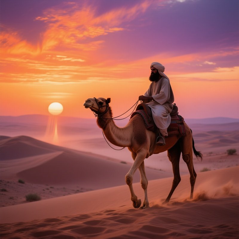 A Desert Nomad With A Sand‑Colored Beard Rides A Camel Across Dunes At Sunset, The Sky Ablaze With