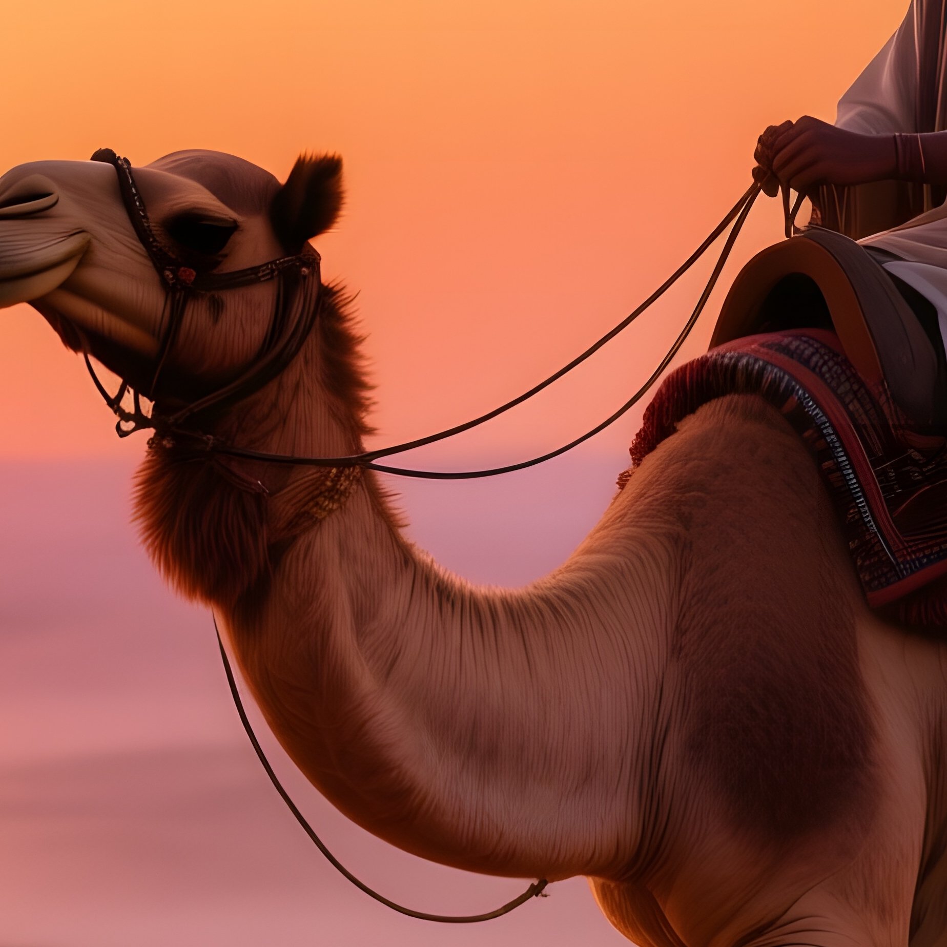 A Desert Nomad With A Sand‑Colored Beard Rides A Camel Across Dunes At Sunset, The Sky Ablaze With - Full Resolution Quality Preview