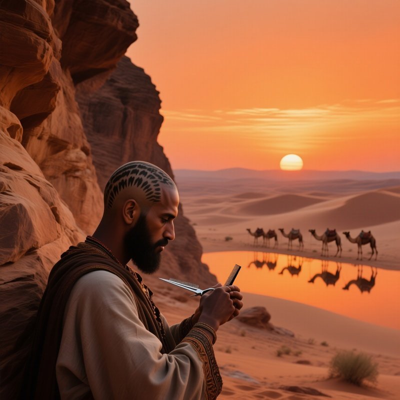 A Desert Nomad With Shaved Hair Patterns Receives A Precise Cut Beside A Sandstone Cliff At Sunset,