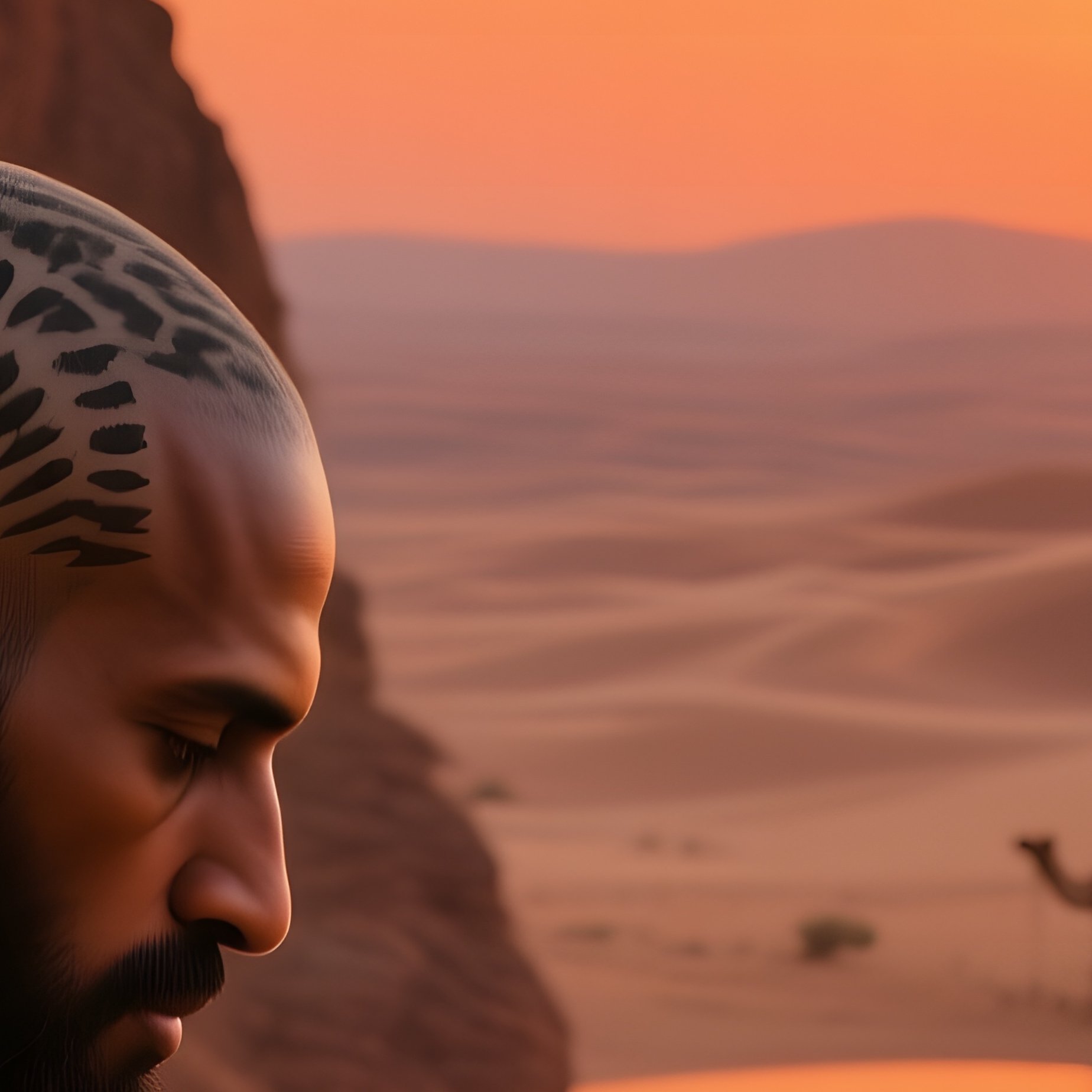 A Desert Nomad With Shaved Hair Patterns Receives A Precise Cut Beside A Sandstone Cliff At Sunset, - Full Resolution Quality Preview