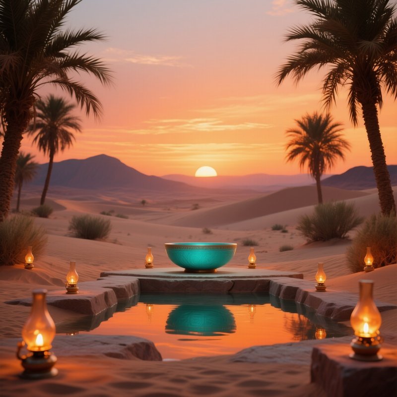 A Desert Oasis Altar At Sunset, Sand‑Covered Sandstone Platform With A Turquoise Bowl Of Water