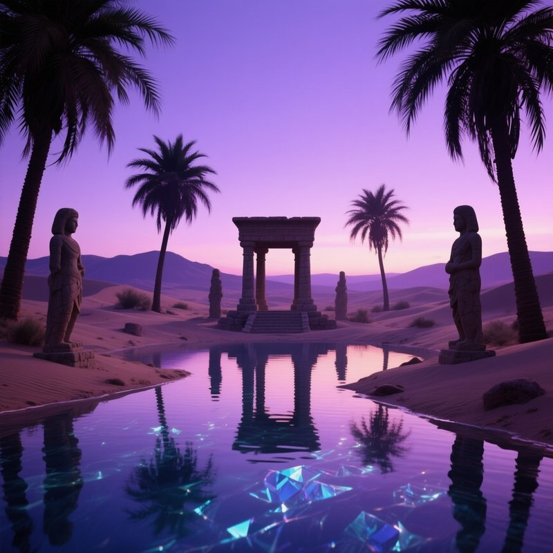 A Desert Oasis At Dusk, Palm Trees Silhouetted Against A Violet Sky, Crystal Clear Water Shimmering