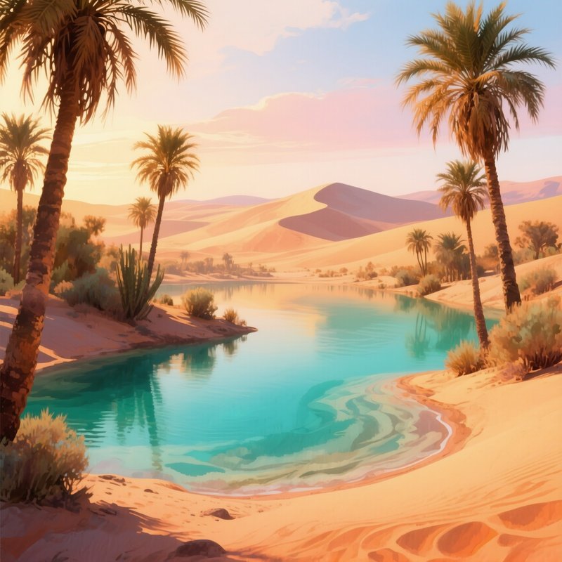 A Desert Oasis At Golden Hour, Turquoise Water Surrounded By Towering Palms, Watercolor Sands