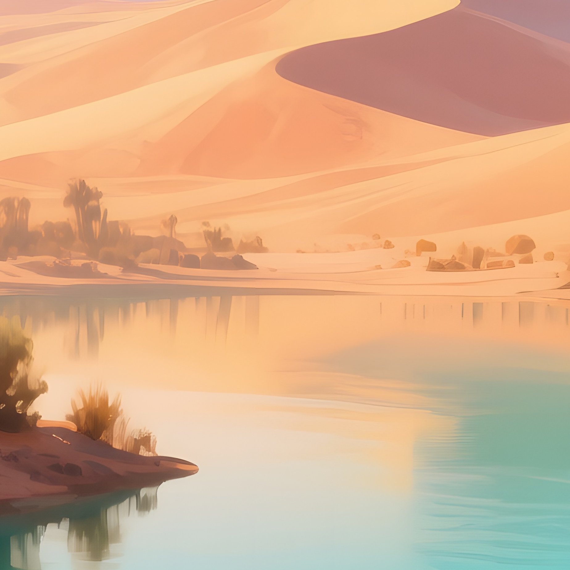 A Desert Oasis At Golden Hour, Turquoise Water Surrounded By Towering Palms, Watercolor Sands - Full Resolution Quality Preview
