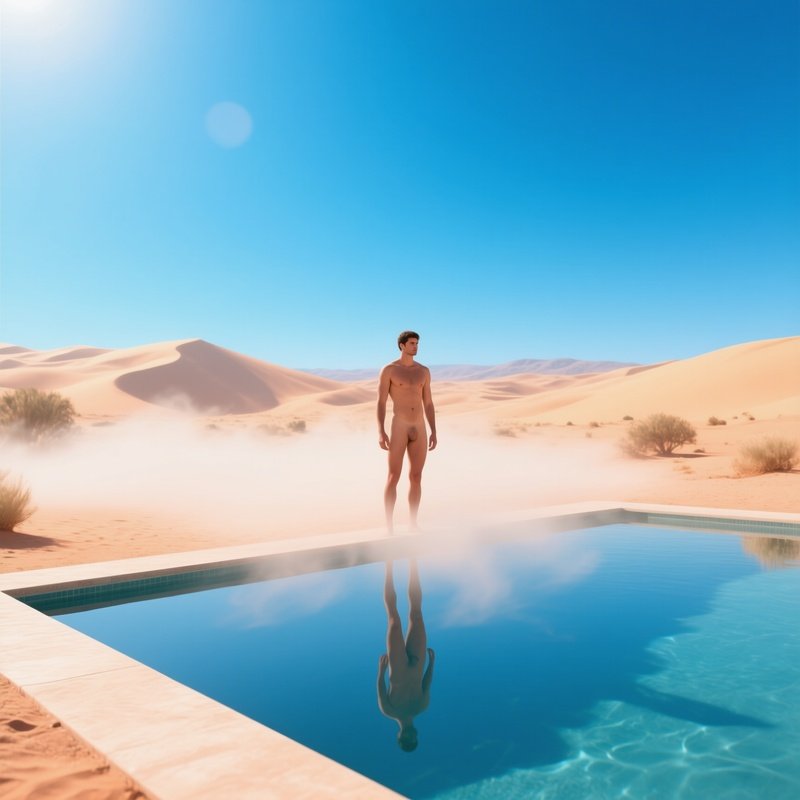 A Desert Oasis At Midday, A Nude Man Standing Beside A Reflective Pool, Heat Haze Wavering Around