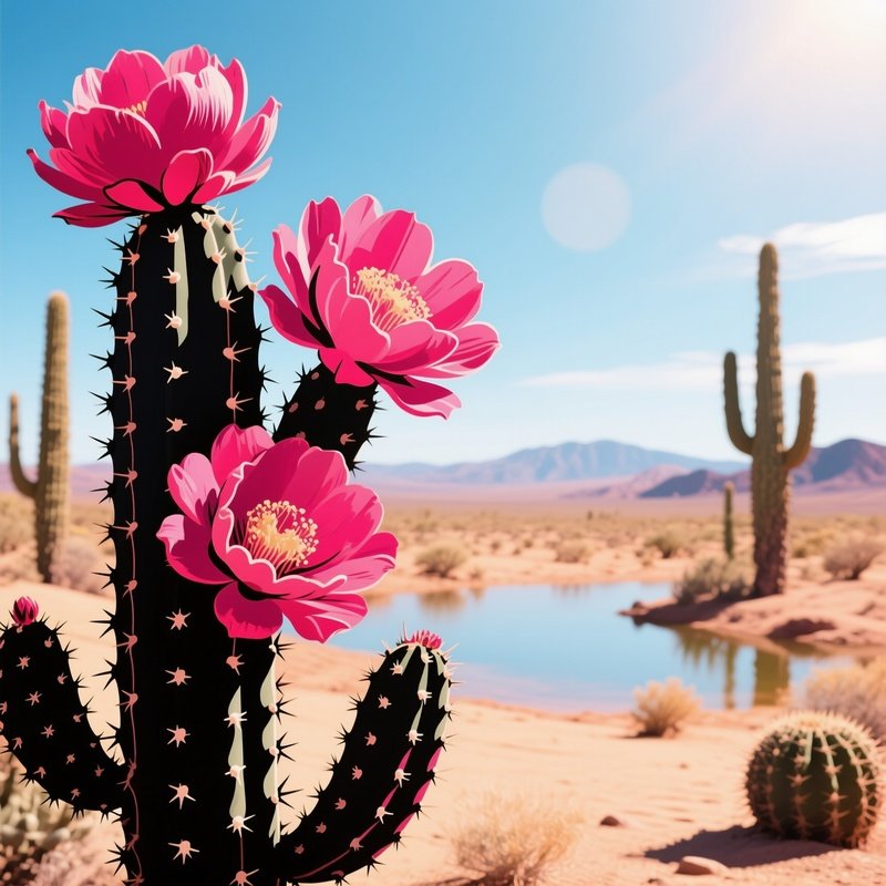 A Desert Oasis At Midday Where Pop‑Art Cacti Bloom With Oversized Magenta Blossoms, Their Spines