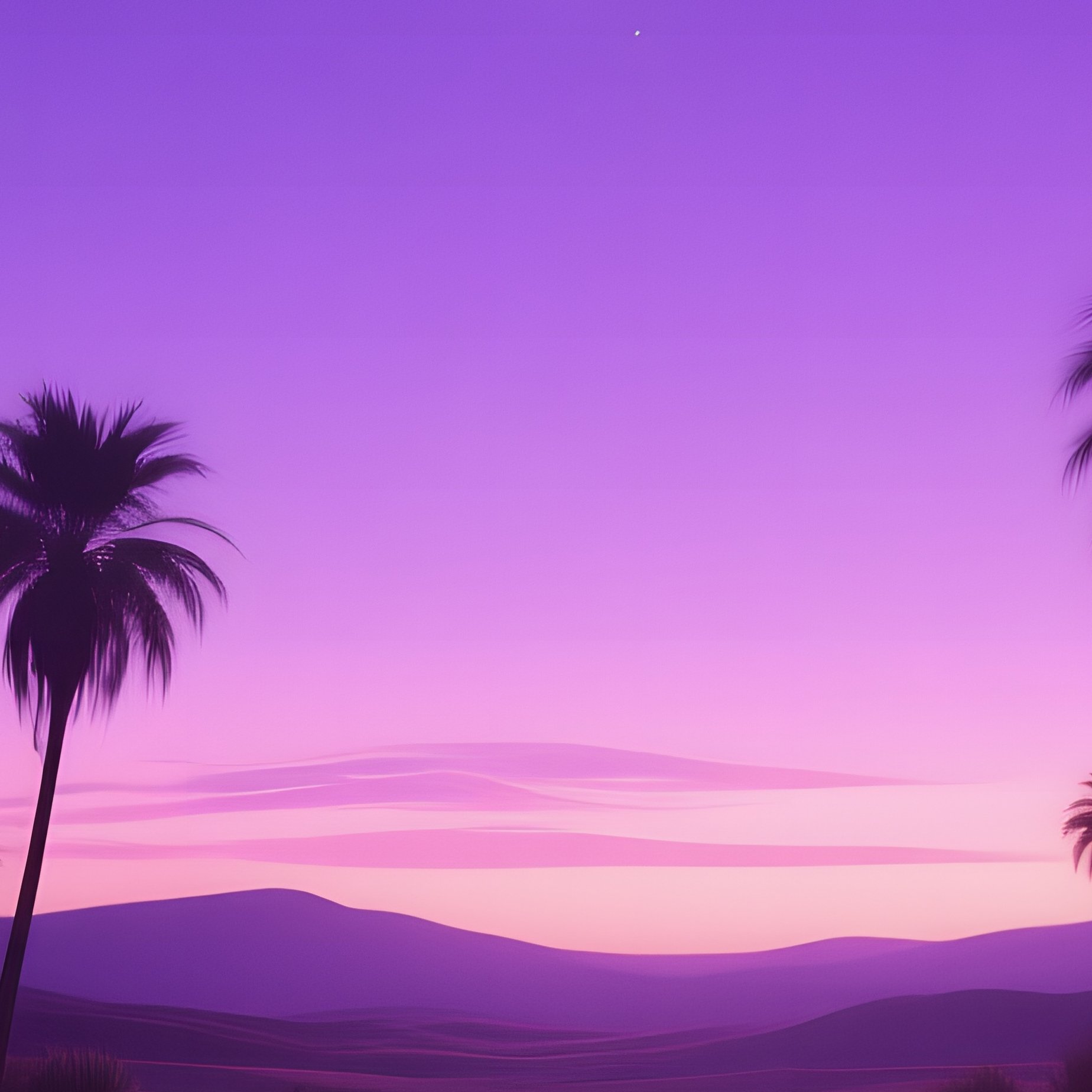 A Desert Oasis At Twilight In Late Summer, Palm Trees Silhouetted Against Deep Violet Sky, Water - Full Resolution Quality Preview