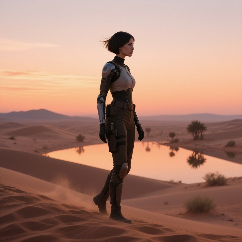 A Desert Oasis Guard With A Short Haircut Patrols Sand Dunes At Twilight, Soft Orange Sky