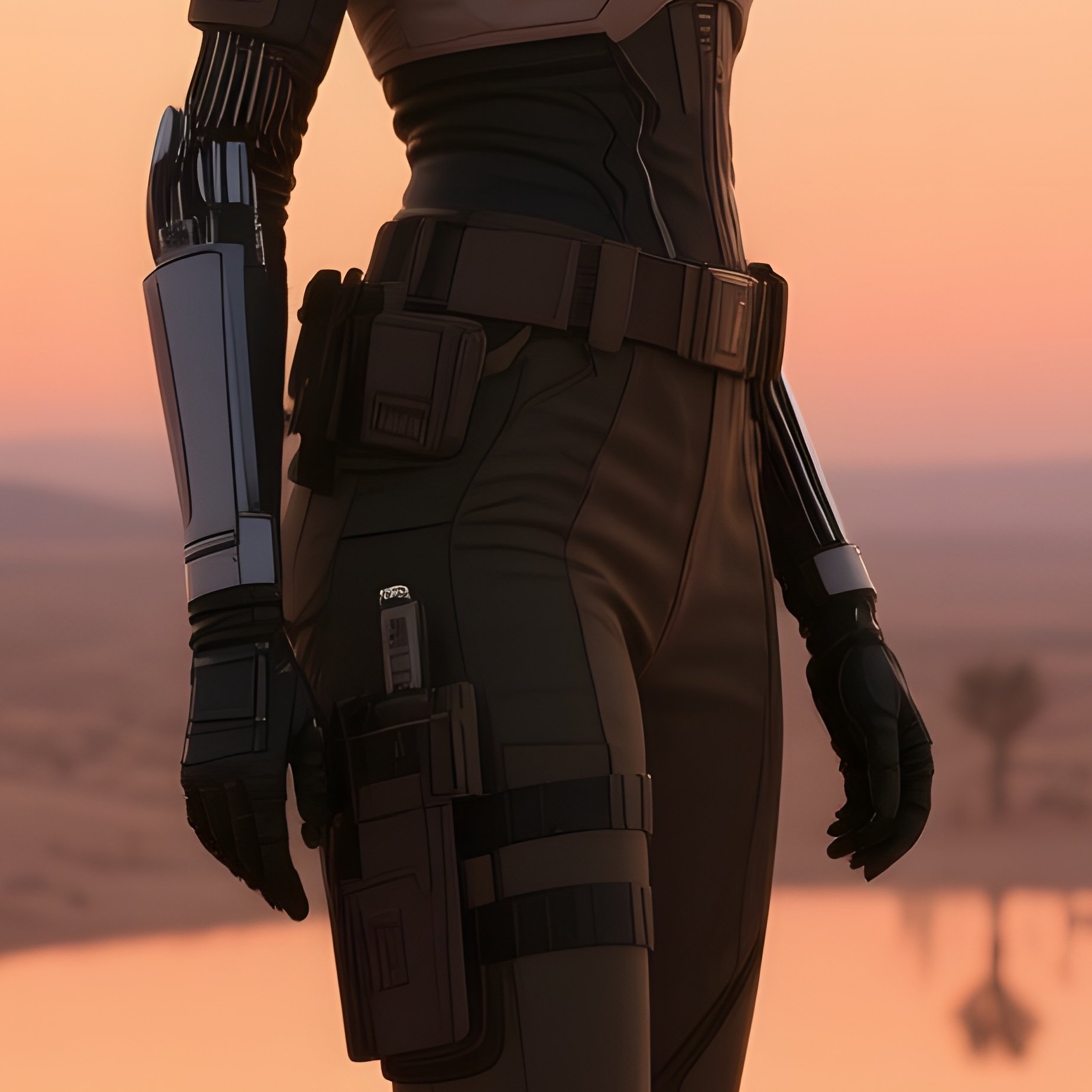 A Desert Oasis Guard With A Short Haircut Patrols Sand Dunes At Twilight, Soft Orange Sky - Full Resolution Quality Preview