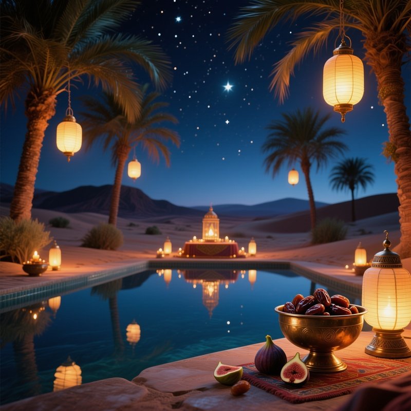 A Desert Oasis Night Altar Illuminated By Lanterns Hung From Palm Fronds, A Reflective Pool