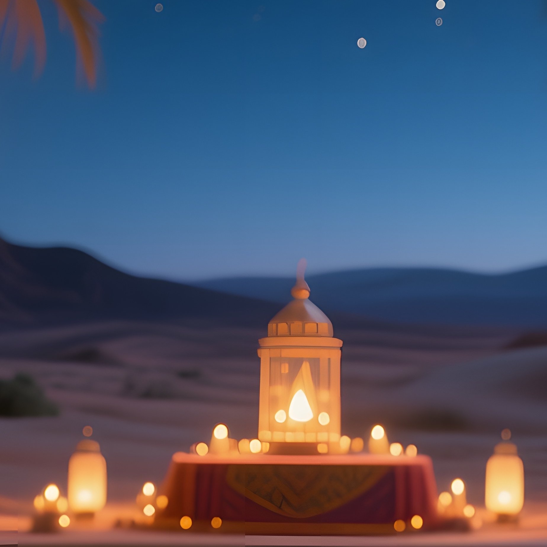 A Desert Oasis Night Altar Illuminated By Lanterns Hung From Palm Fronds, A Reflective Pool - Full Resolution Quality Preview