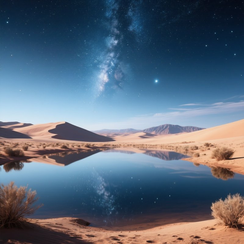 A Desert Oasis Reflecting A Sky Full Of Stars.