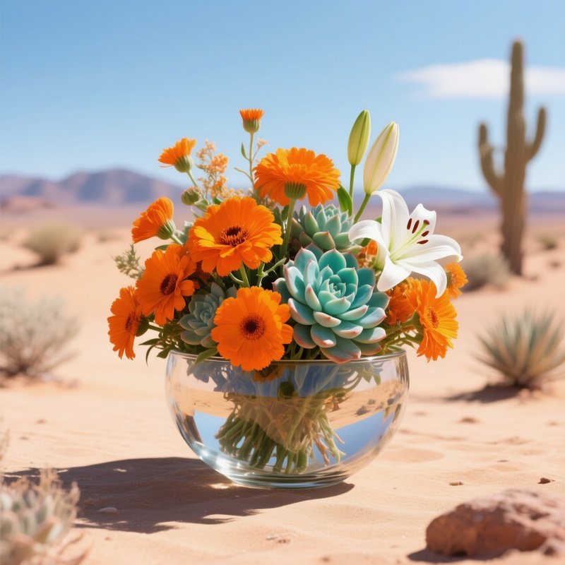 A Desert Oasis Scene Where A Glass Bowl Contains A Striking Bouquet Of Bright Orange Marigolds,