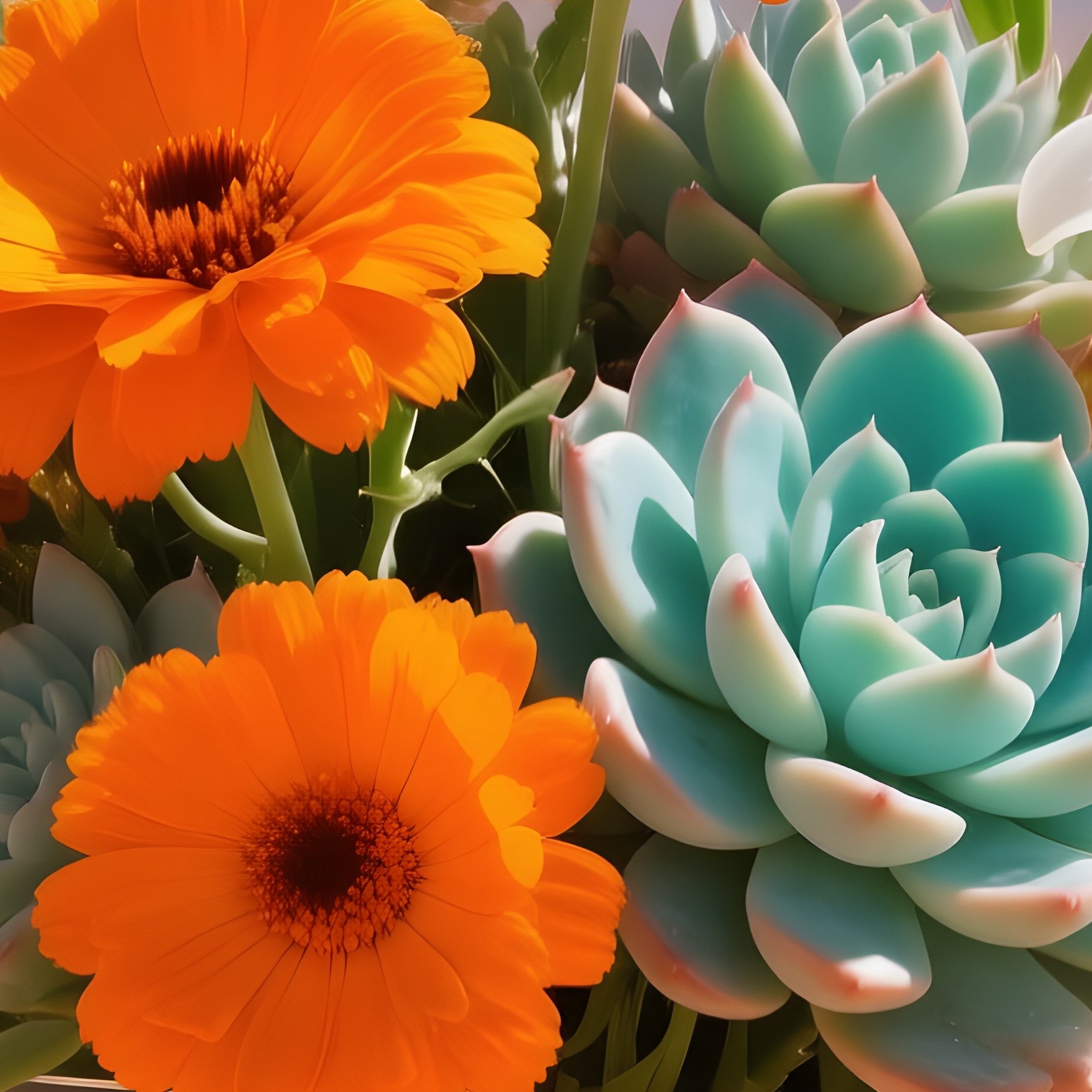 A Desert Oasis Scene Where A Glass Bowl Contains A Striking Bouquet Of Bright Orange Marigolds, - Full Resolution Quality Preview