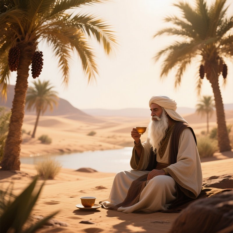 A Desert Oasis Scene With A Wandering Mystic Sporting A Long Flowing White Beard Sipping Tea Beside