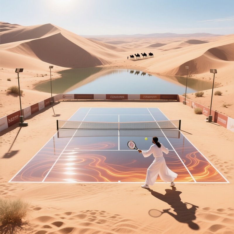 A Desert Oasis Tournament On A Sun‑Baked Acrylic Court Surrounded By Towering Dunes, Scorching