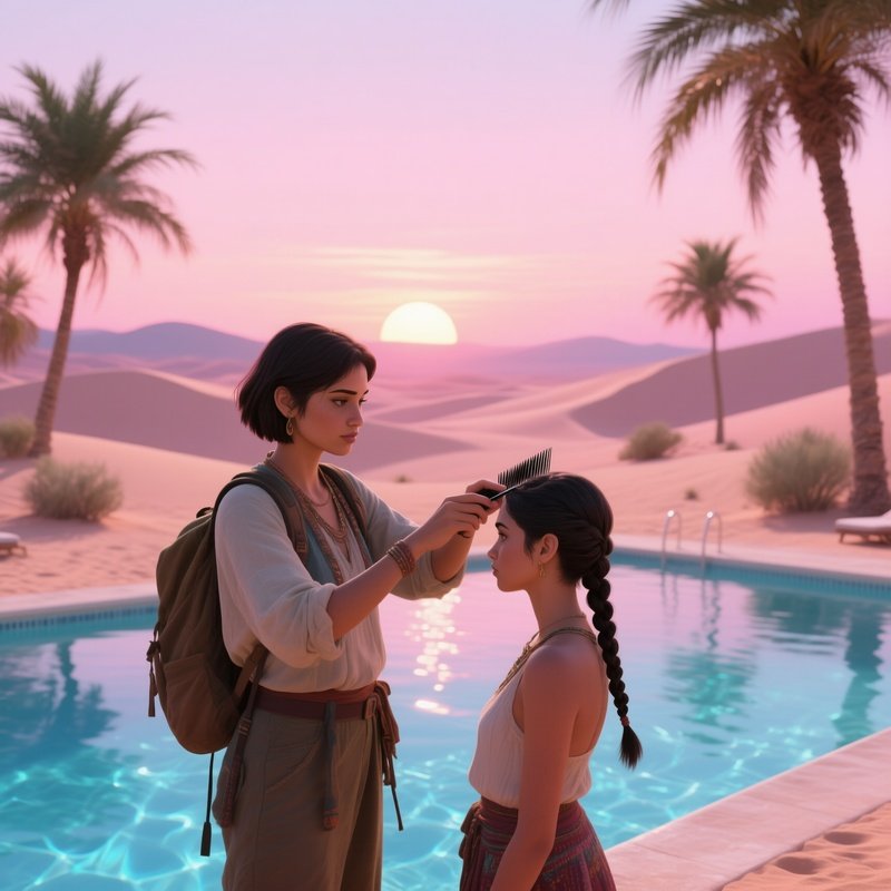 A Desert Oasis Traveler With A Short Braid Receives A Haircut Beside A Crystal Clear Pool, Palm