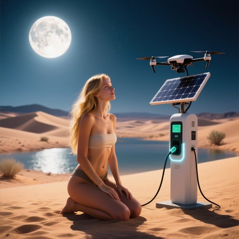 A Desert Oasis Under A Full Moon, A Sun‑Kissed Woman With Long Golden Hair Kneels Beside A