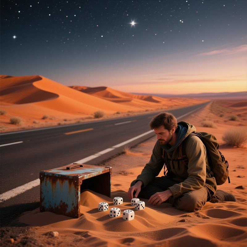 A Deserted Desert Highway At Dusk, Orange Dunes Stretching To The Horizon While A Lone Traveler