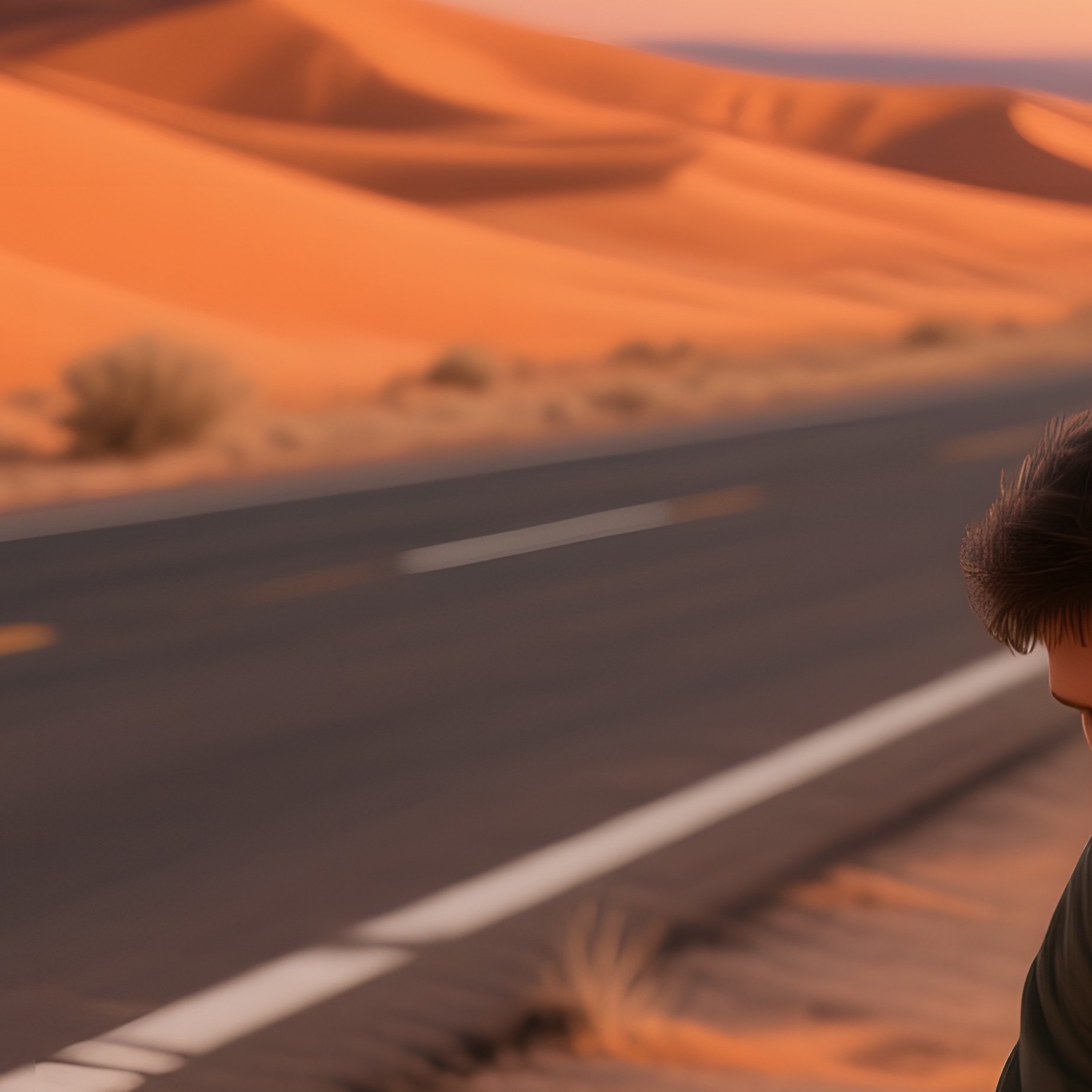 A Deserted Desert Highway At Dusk, Orange Dunes Stretching To The Horizon While A Lone Traveler - Full Resolution Quality Preview