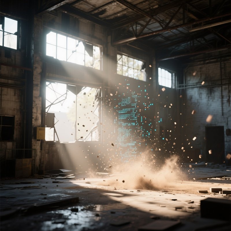 A Deserted Warehouse At Noon, Sunlight Streaming Through Broken Windows, Illuminating Floating Dust
