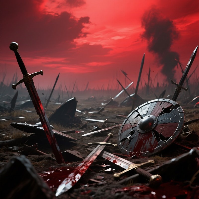 A Desolate Battlefield Littered With Broken Swords And Shattered Shields, A Blood Red Sky Casting