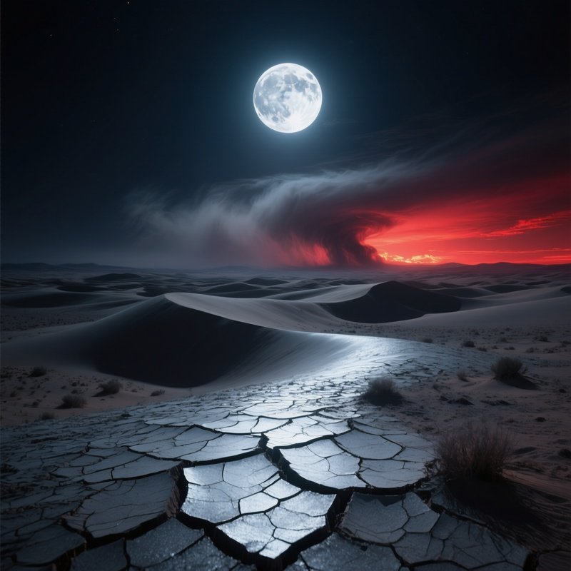 A Desolate Desert Landscape At Night, Illuminated By A Full Moon That Casts Stark Silver Light On