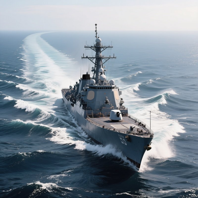 A Destroyer Crossing Open Ocean With Long Swell Lines