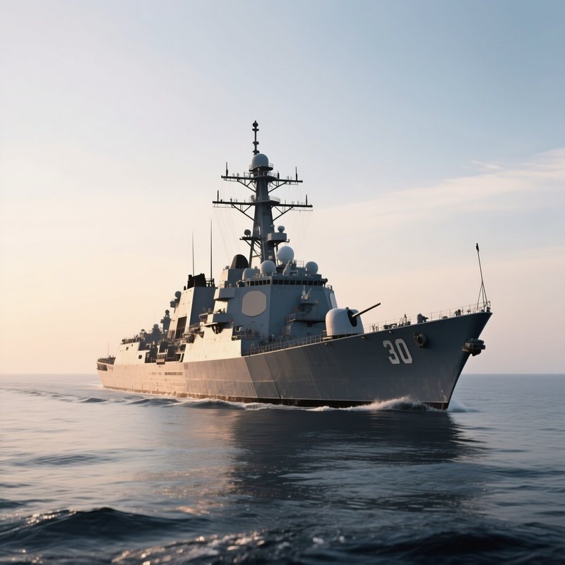 A Destroyer Cruising Across Calm Open Ocean In Low Morning Light