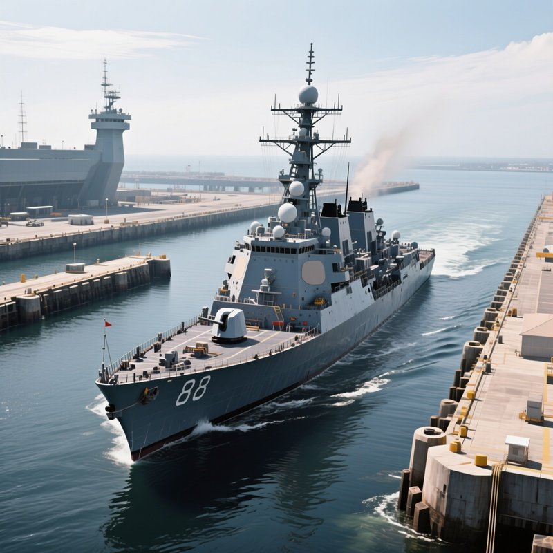 A Destroyer Leaving A Naval Base Surrounded By Breakwaters
