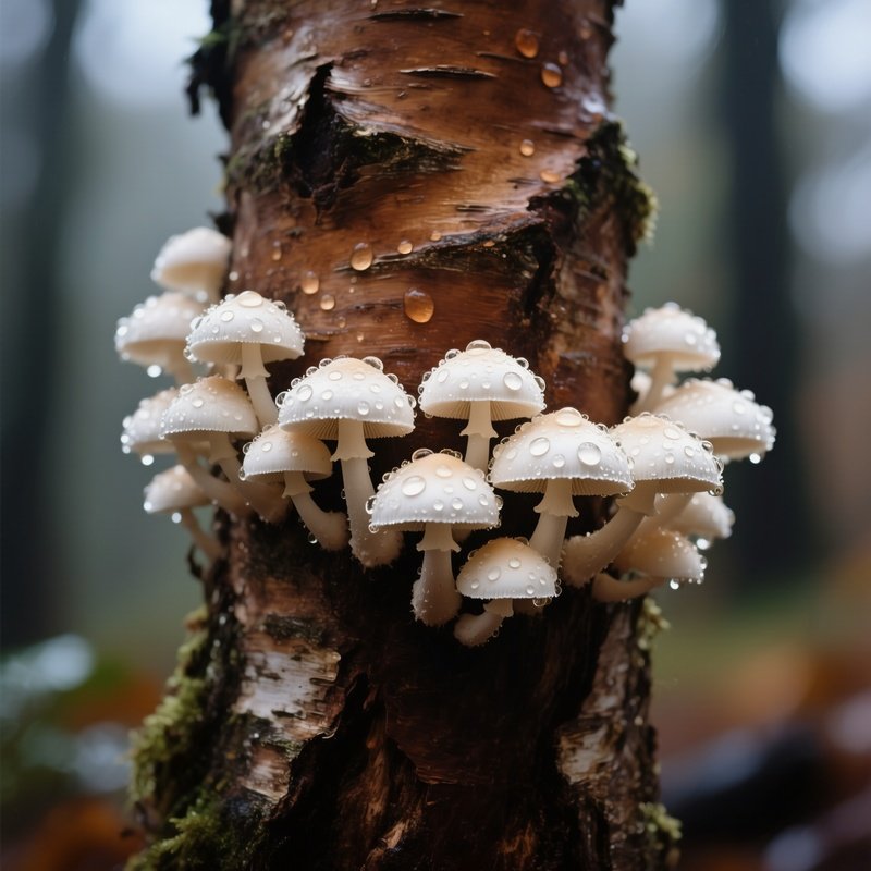 A Detailed Close‑Up Of A Brown Birch Tree Trunk Sprouting A Ring Of Delicate White Ink Cap