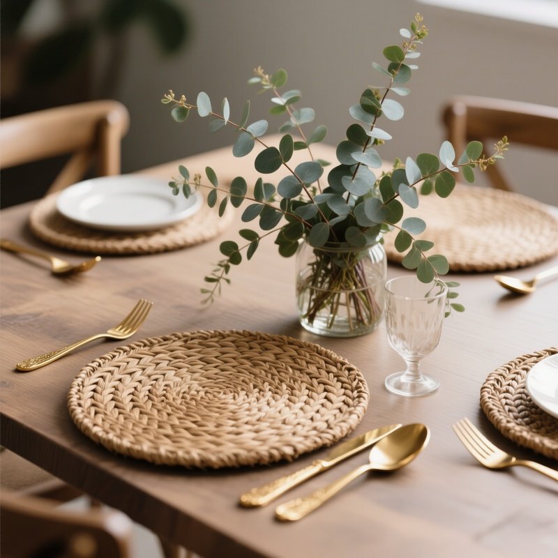 A Detailed Close Up Of A Dining Table Surface Featuring Woven Seagrass Placemats, Brushed Gold Cutlery, And A Centerpiece Of Fresh Eucalyptus Branches.