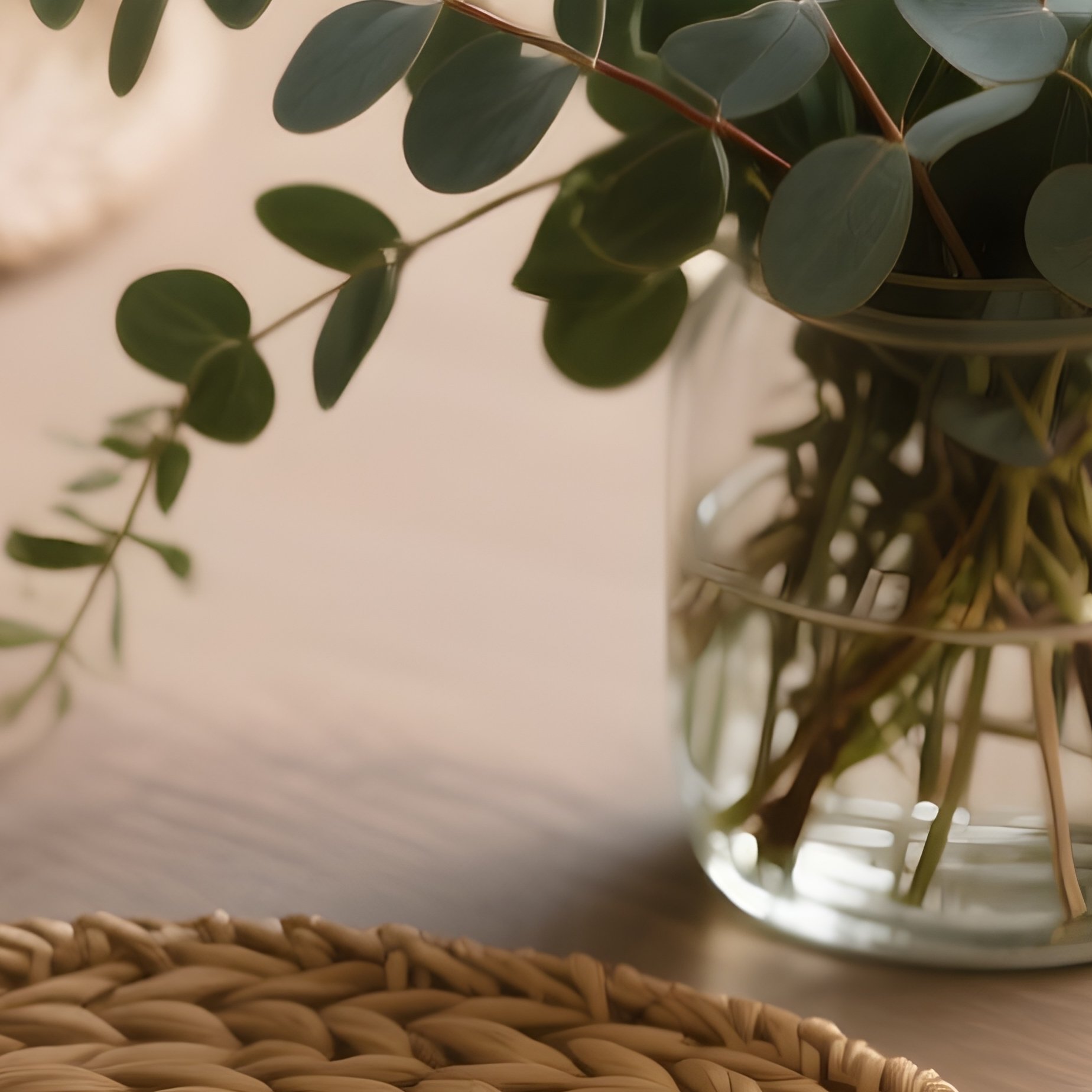 A Detailed Close Up Of A Dining Table Surface Featuring Woven Seagrass Placemats, Brushed Gold Cutlery, And A Centerpiece Of Fresh Eucalyptus Branches. - Full Resolution Quality Preview