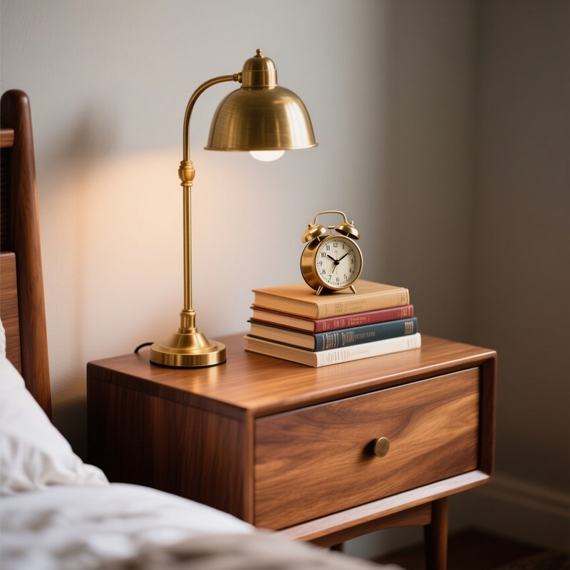 A Detailed Close Up Of A Mid Century Teak Nightstand Featuring A Brass Table Lamp, A Stack Of Hardcover Novels, And A Vintage Analog Alarm Clock.