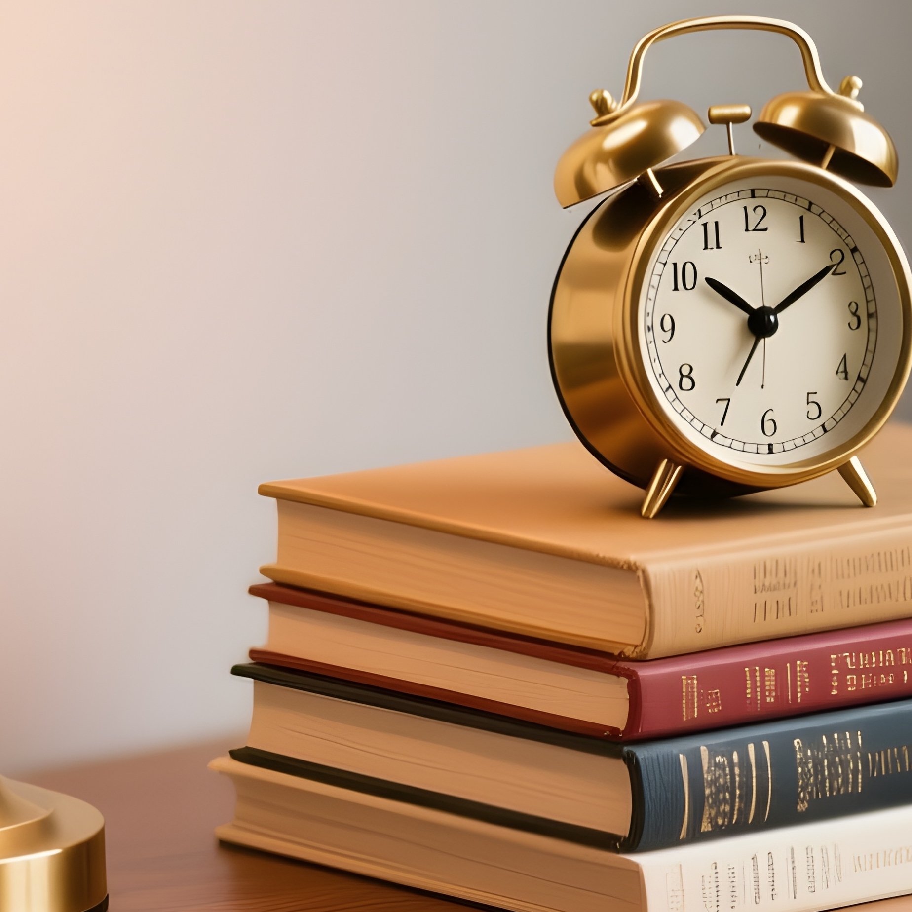 A Detailed Close Up Of A Mid Century Teak Nightstand Featuring A Brass Table Lamp, A Stack Of Hardcover Novels, And A Vintage Analog Alarm Clock. - Full Resolution Quality Preview