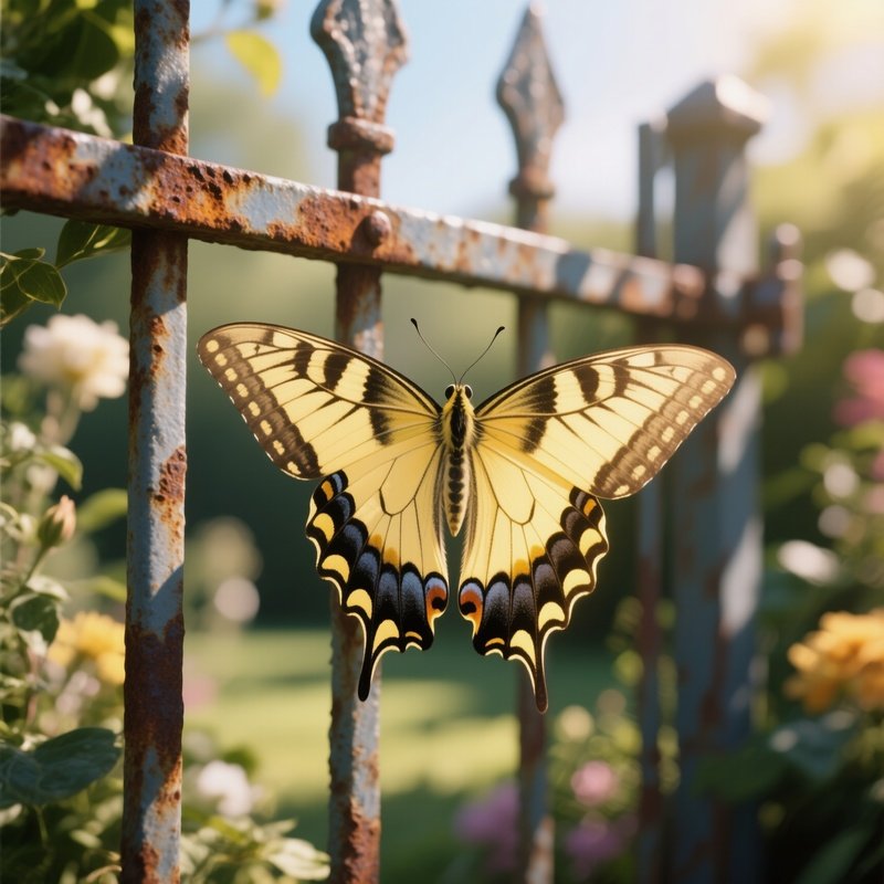 A Detailed Macro Shot Of A Soft Pastel Yellow Swallowtail On A Sun‑Warmed Garden Gate, Gentle
