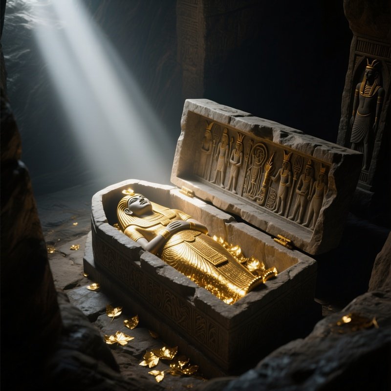 A Detailed View Of A Stone Sarcophagus Half‑Opened In A Tomb, Gold Leaf Glinting Inside, Intricate