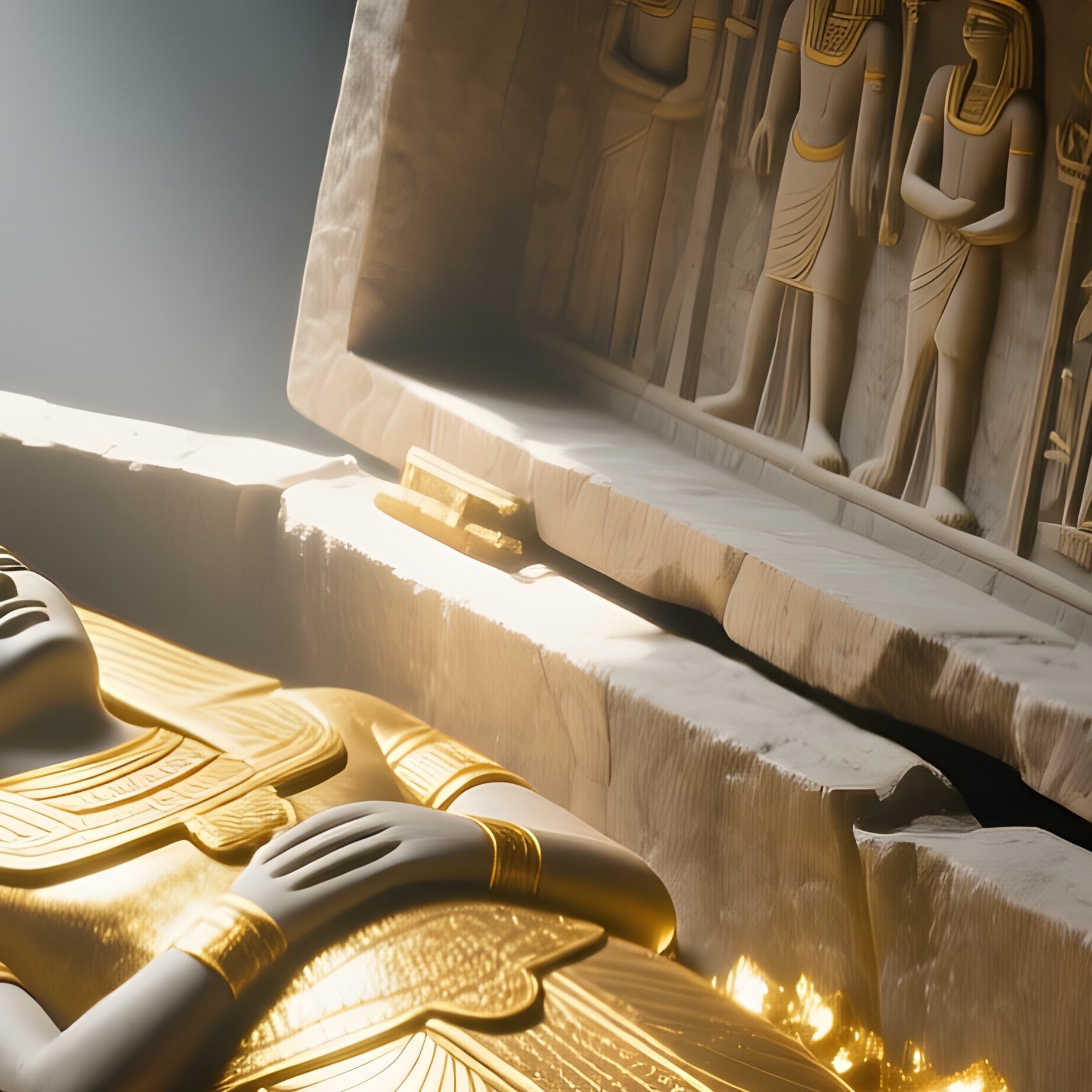 A Detailed View Of A Stone Sarcophagus Half‑Opened In A Tomb, Gold Leaf Glinting Inside, Intricate - Full Resolution Quality Preview