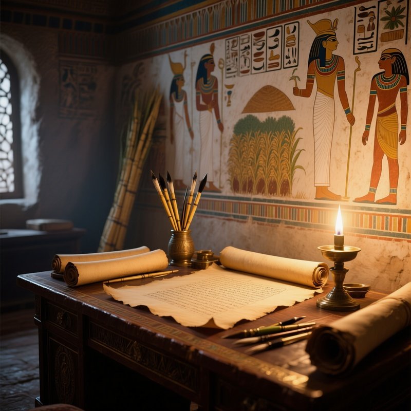 A Detailed View Of An Egyptian Scribe'S Desk By Lamplight, Papyrus Scrolls Unfurled, Reed Pens