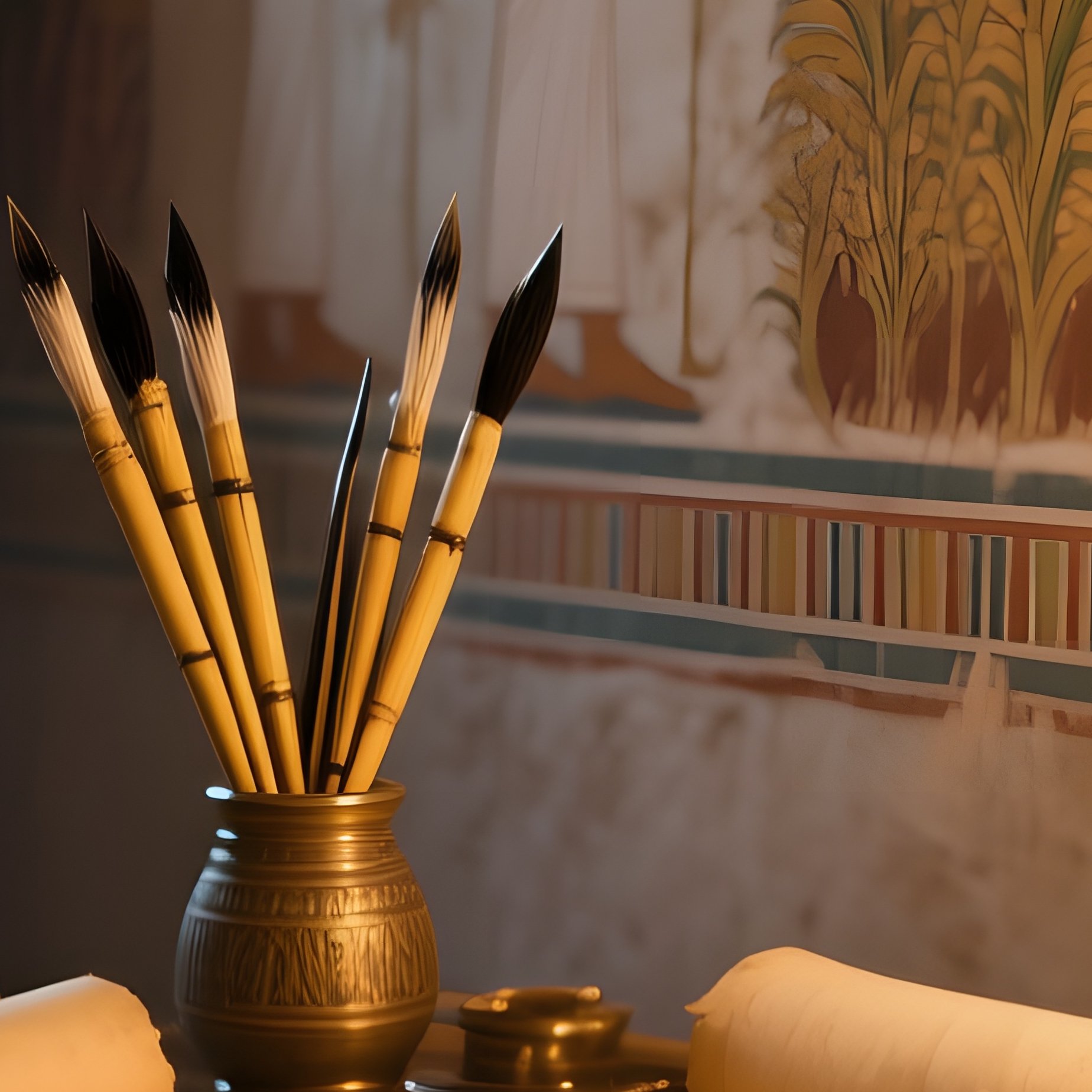 A Detailed View Of An Egyptian Scribe'S Desk By Lamplight, Papyrus Scrolls Unfurled, Reed Pens - Full Resolution Quality Preview