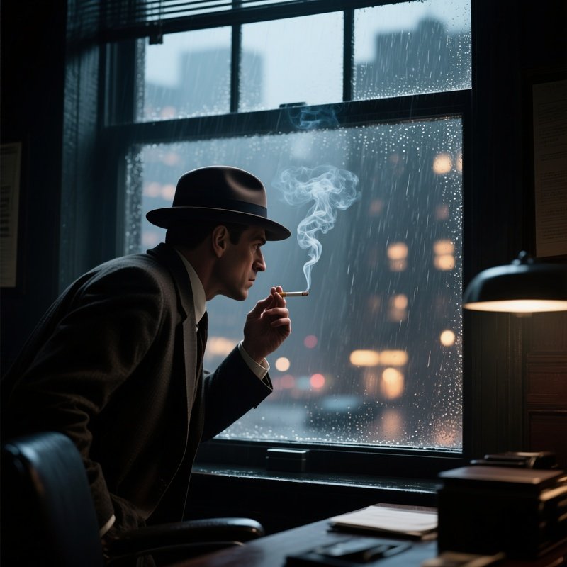 A Detective In A Classic Trilby Hat Peers Through A Rain‑Spattered Window Of A Dimly Lit Office,