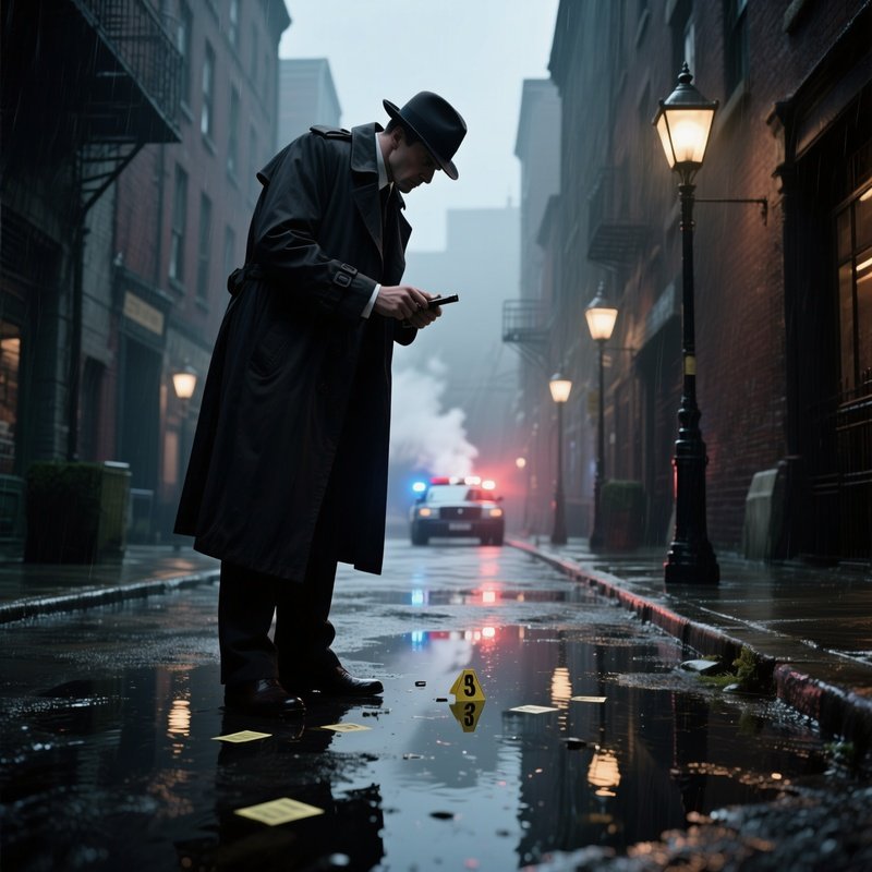 A Detective In A Dark Trench Coat And Fedora Examines Clues On A Rain‑Slicked Alleyway, Street