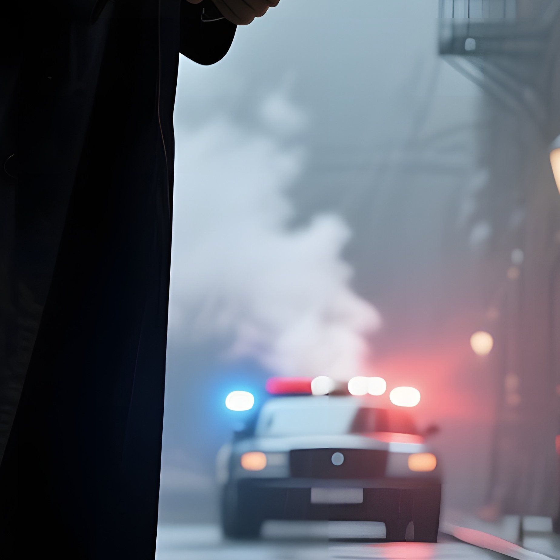 A Detective In A Dark Trench Coat And Fedora Examines Clues On A Rain‑Slicked Alleyway, Street - Full Resolution Quality Preview