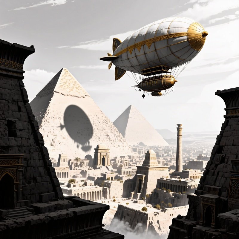 A Digital Art Airship Over Luxor Shadow Roofs