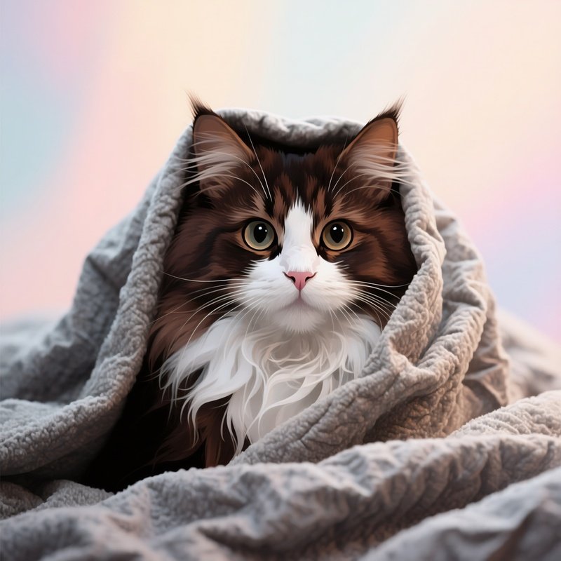 A Digital Art Of A Cat Maine Coon Peeping Out From Under Blanket