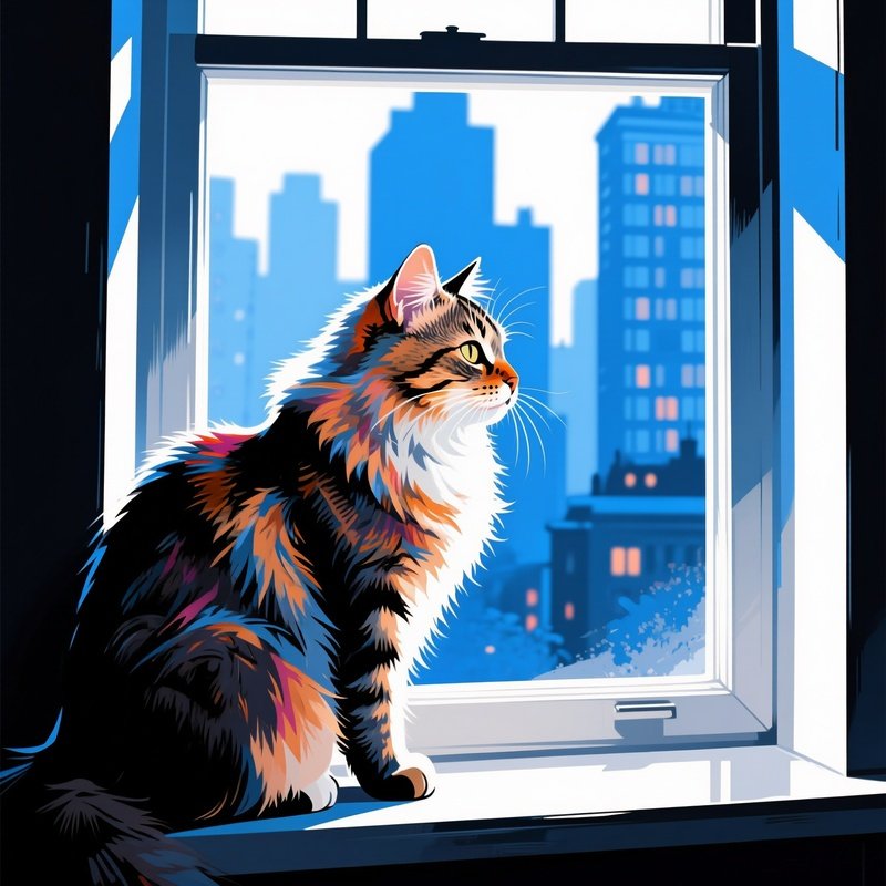 A Digital Art Of A Siberian Cat Perched On A Windowsill Looking Outside